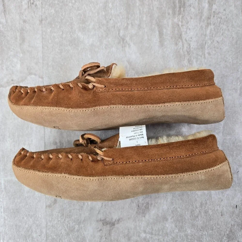 LL Bean Moccasin Loafers Kids 3 Brown Suede Fur Lined Slip On Southwestern Shoe